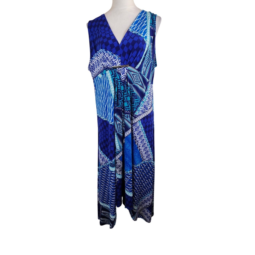 Chico's Blue Geometric Patchwork Sleeveless Maxi Dress Size 3 XL V-Neck Gold Bar
